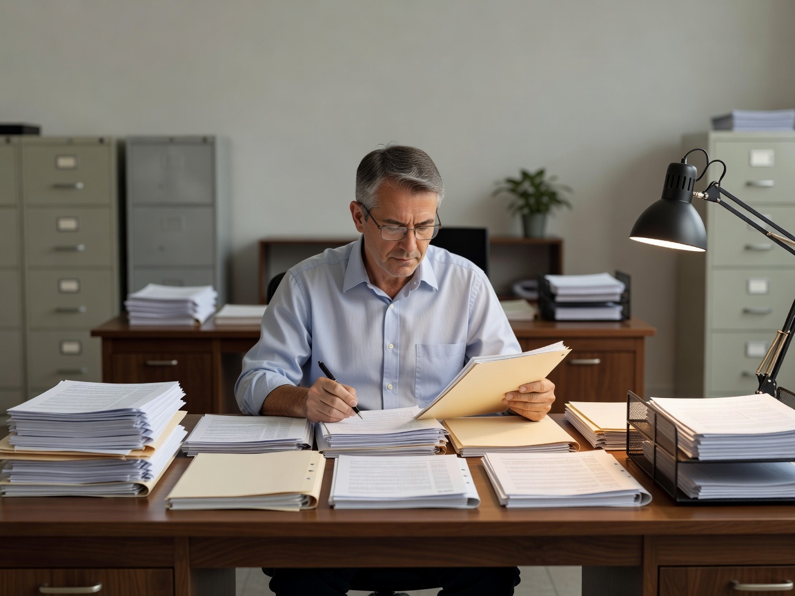 A person reviewing administrative paperwork at a structured desk