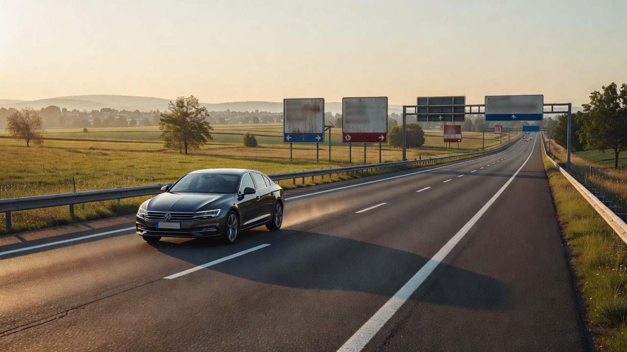 A vehicle driving on a European highway with road signs in the distance