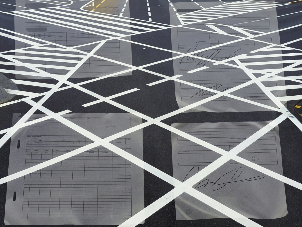 An abstract view of European road marking lines and administrative documentation overlay themes
