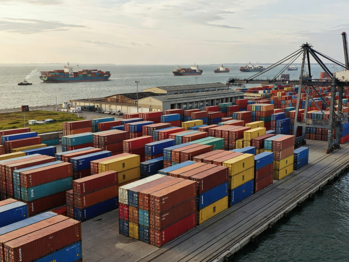 Cargo shipping containers near a European port indicating imports