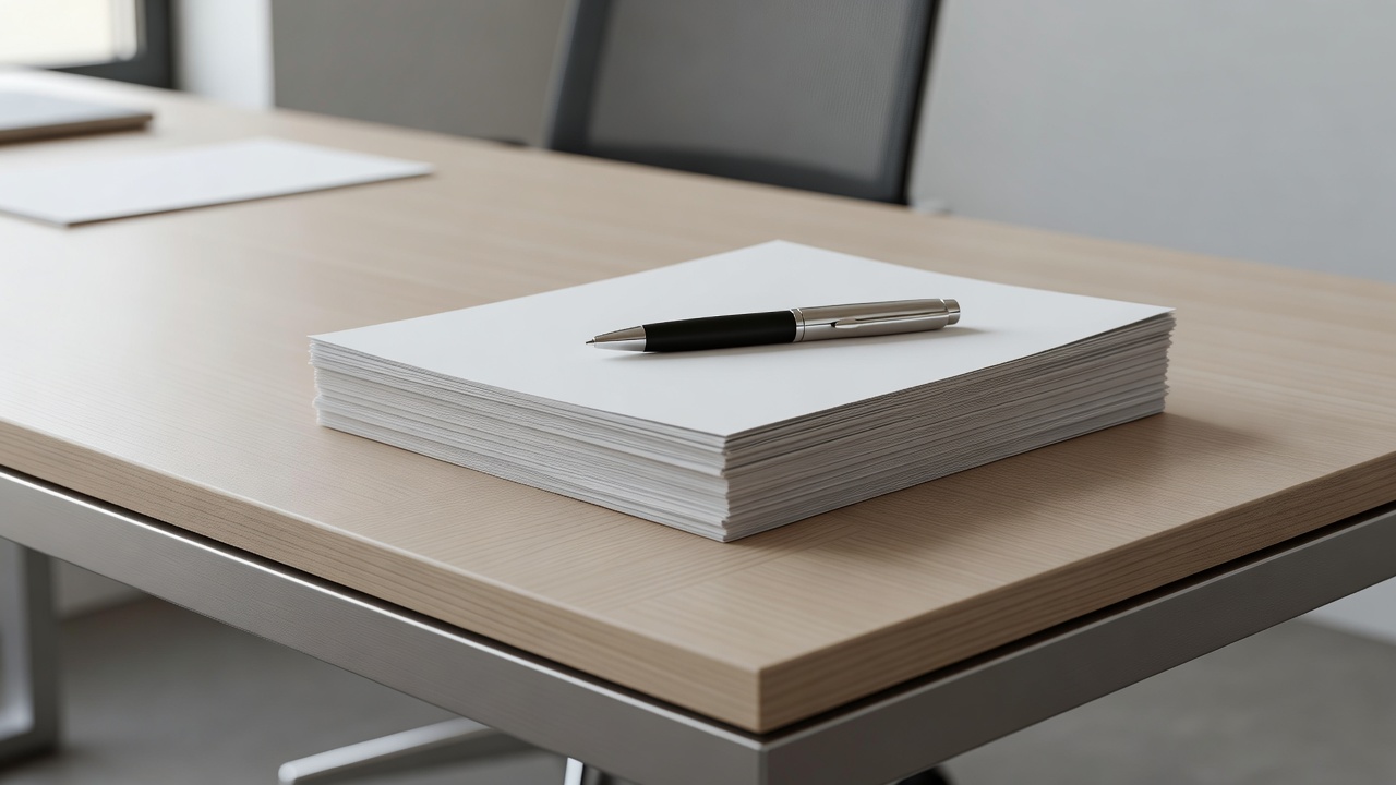 Neatly arranged administrative documents and a pen on a modern desk