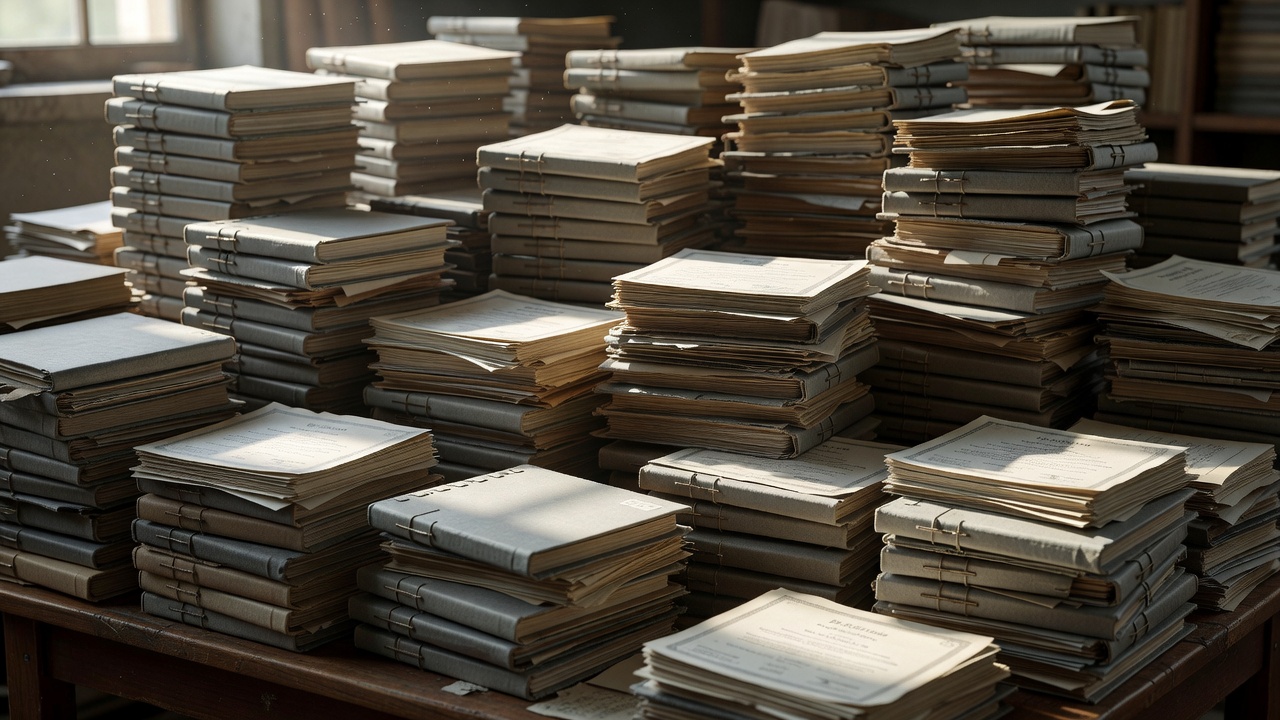 Stacks of administrative folders and printed certificates